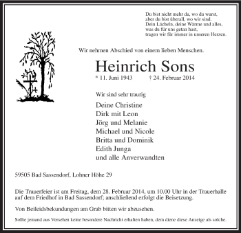 Todesanzeige von Heinrich Sons von MZV