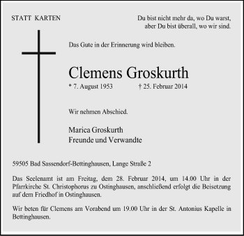 Todesanzeige von Clemens Groskurth von MZV