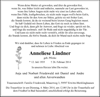 Todesanzeige von Anneliese Lindner von MZV