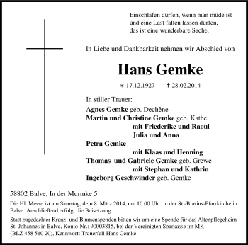 Todesanzeige von Hans Gemke von MZV