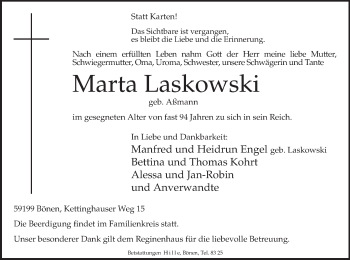 Todesanzeige von Marta Laskowski von MZV