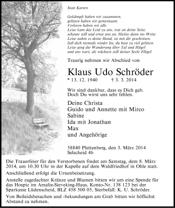 Todesanzeige von Klaus Udo Schröder von MZV