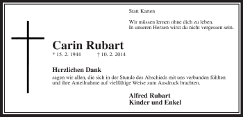 Todesanzeige von Carin Rubart von MZV