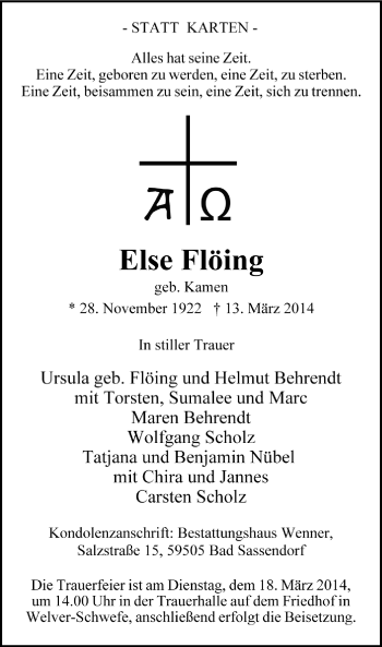 Todesanzeige von Else Flöing von MZV