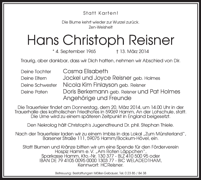  Traueranzeige für Hans Christoph Reisner vom 17.03.2014 aus MZV