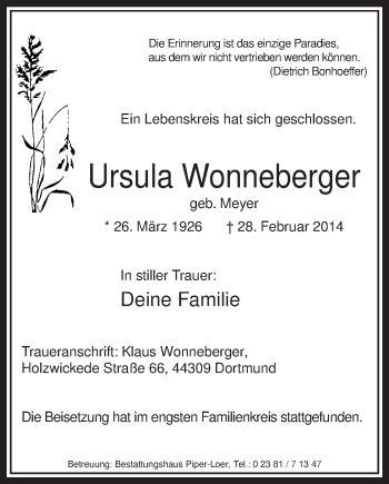 Todesanzeige von Ursula Wonneberger von MZV