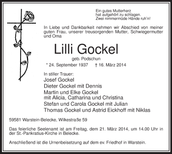 Todesanzeige von Lilli Gockel von MZV