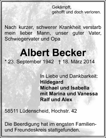 Todesanzeige von Albert Becker von MZV