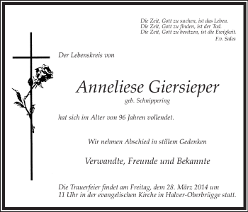 Todesanzeige von Anneliese Giersieper von MZV