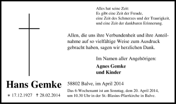 Todesanzeige von Hans Gemke von MZV