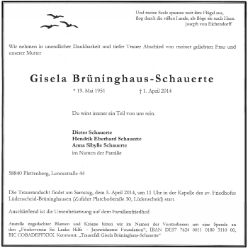 Todesanzeige von Gisela Brüninghaus-Schauerte von MZV