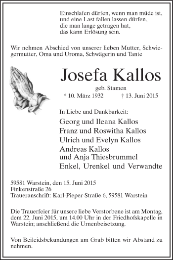 Todesanzeige von Josefa Kallos von MZV