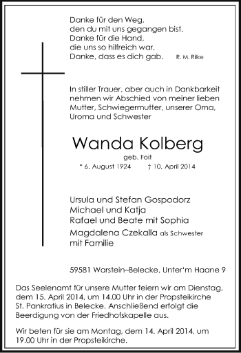 Todesanzeige von Wanda Kolberg von MZV