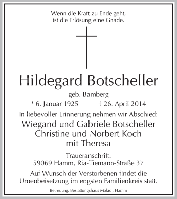 Todesanzeige von Hildegard Botscheller von MZV
