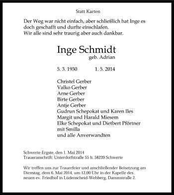 Todesanzeige von Inge Schmidt von MZV