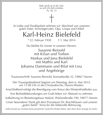 Todesanzeige von Karl-Heinz Bielefeld von MZV