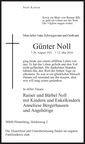 Todesanzeige von Günter Noll von MZV