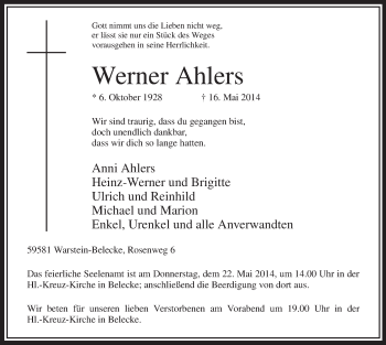 Todesanzeige von Werner Ahlers von MZV