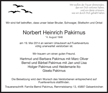 Todesanzeige von Norbert Heinrich Pakirnus von MZV