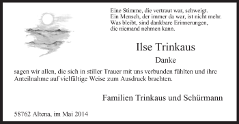 Todesanzeige von Ilse Trinkaus von MZV