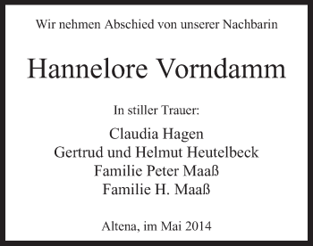 Todesanzeige von Hannelore Vomdamm von MZV