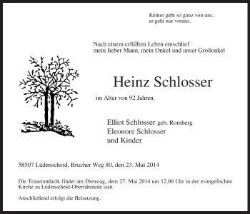 Todesanzeige von Heinz Schlosser von MZV