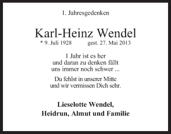 Todesanzeige von Karl-Heinz Wendel von MZV