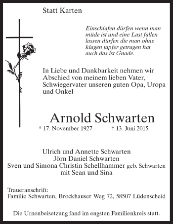 Todesanzeige von Arnold Schwarten von MZV