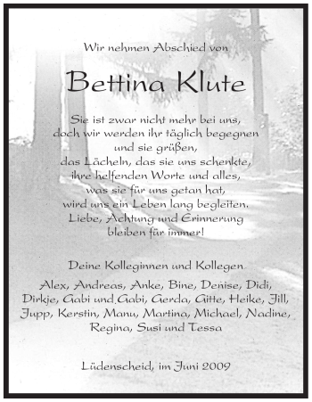 Todesanzeige von Bettina Klute von WESTFÄLISCHER ANZEIGER