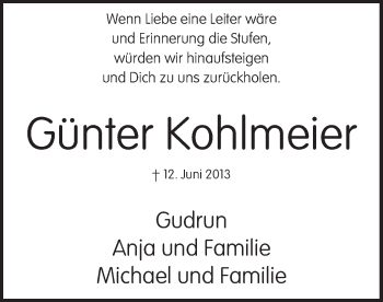Todesanzeige von Günter Kohlmeier von MZV