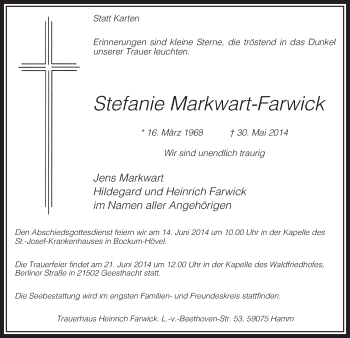 Todesanzeige von Stefanie Markwart-Farwick von MZV