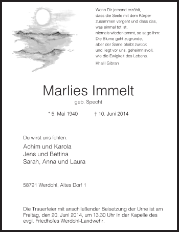 Todesanzeige von Marlies Immelt von MZV