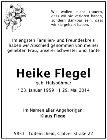 Todesanzeige von Heike Flegel von MZV