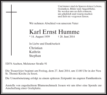 Todesanzeige von Karl Ernst Humme von MZV