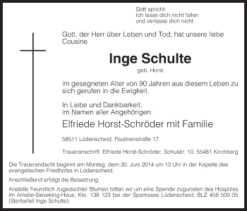 Todesanzeige von Inge Schulte von MZV