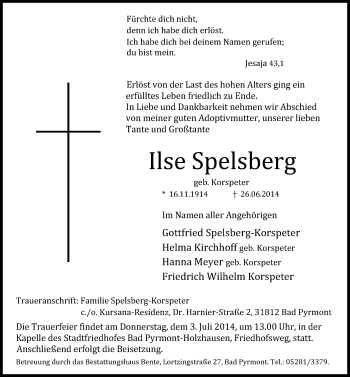 Todesanzeige von Ilse Spelsberg von MZV