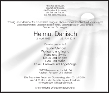 Todesanzeige von Helmut Danisch von MZV