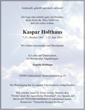 Todesanzeige von Kaspar Holthaus von MZV