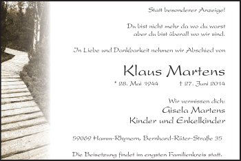 Todesanzeige von Klaus Martens von MZV
