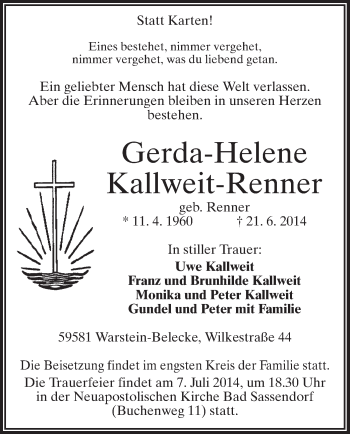 Todesanzeige von Gerda-Helene Kallweit-Renner von MZV