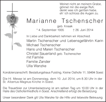 Todesanzeige von Marianne Tschenscher von MZV