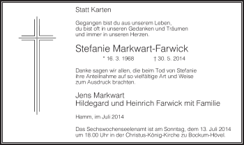 Todesanzeige von Stefanie Markwart-Farwick von MZV