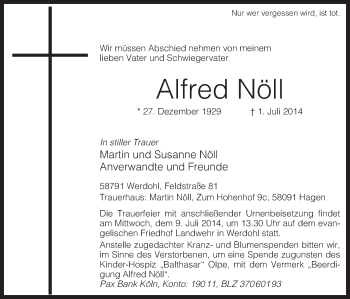 Todesanzeige von Alfred Nöll von MZV