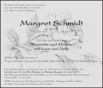 Todesanzeige von Margret Schmidt von MZV