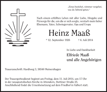 Todesanzeige von Heinz Maaß von MZV