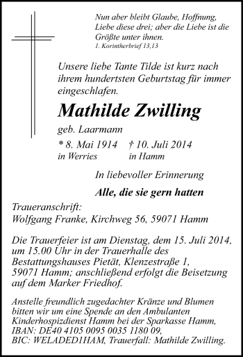 Todesanzeige von Mathilde Zwilling von MZV