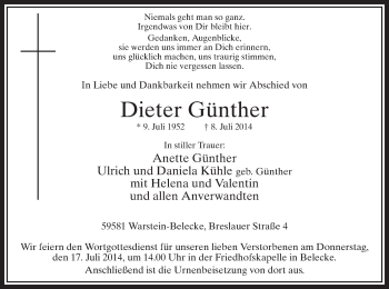 Todesanzeige von Dieter Günther von MZV