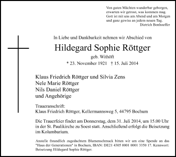 Todesanzeige von Hildegard Sophie Röttger von MZV