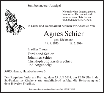 Todesanzeige von Agnes Schier von MZV
