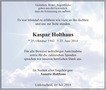 Todesanzeige von Kaspar Holthaus von MZV